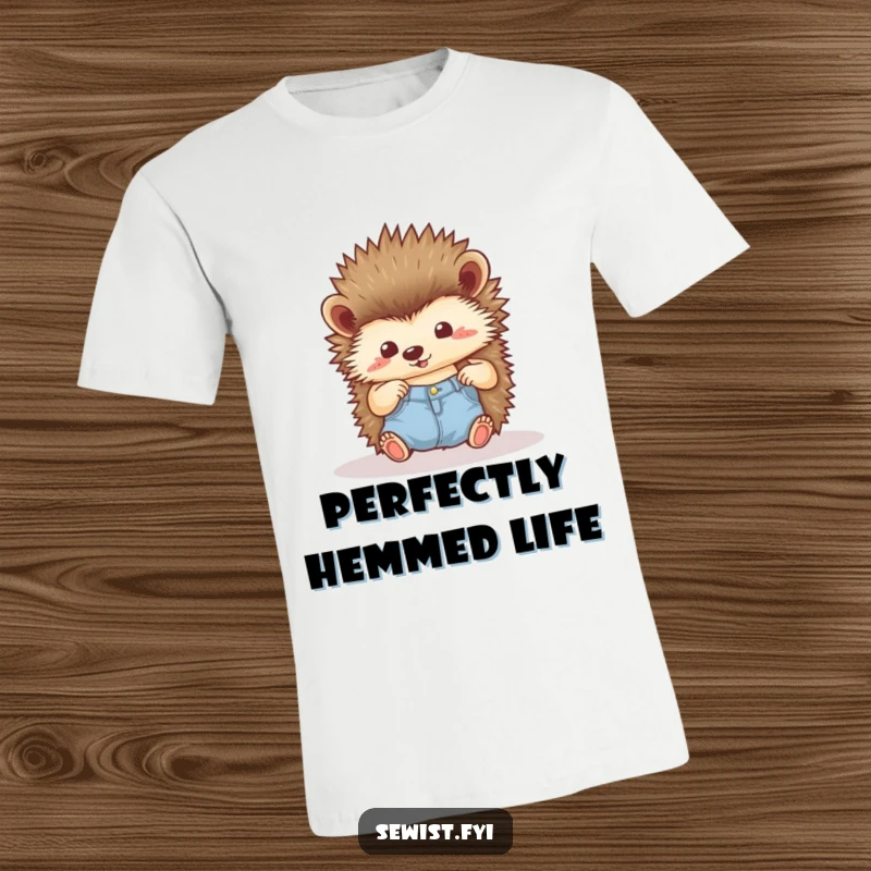 Funny Hedgehog T-Shirt: A proud hedgehog admiring a perfectly hemmed seam, a humorous and stylish gift for sewers.