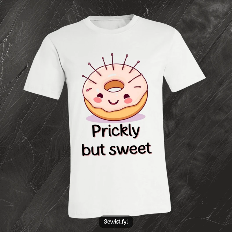 Funny t-shirt depicting a cheerful donut with sewing needles embedded in its frosting, ideal for humorous crafter apparel and gifts.