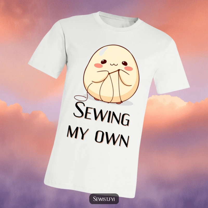 Funny t-shirt featuring a round dumpling comically sewing its own seams with a needle and thread.
