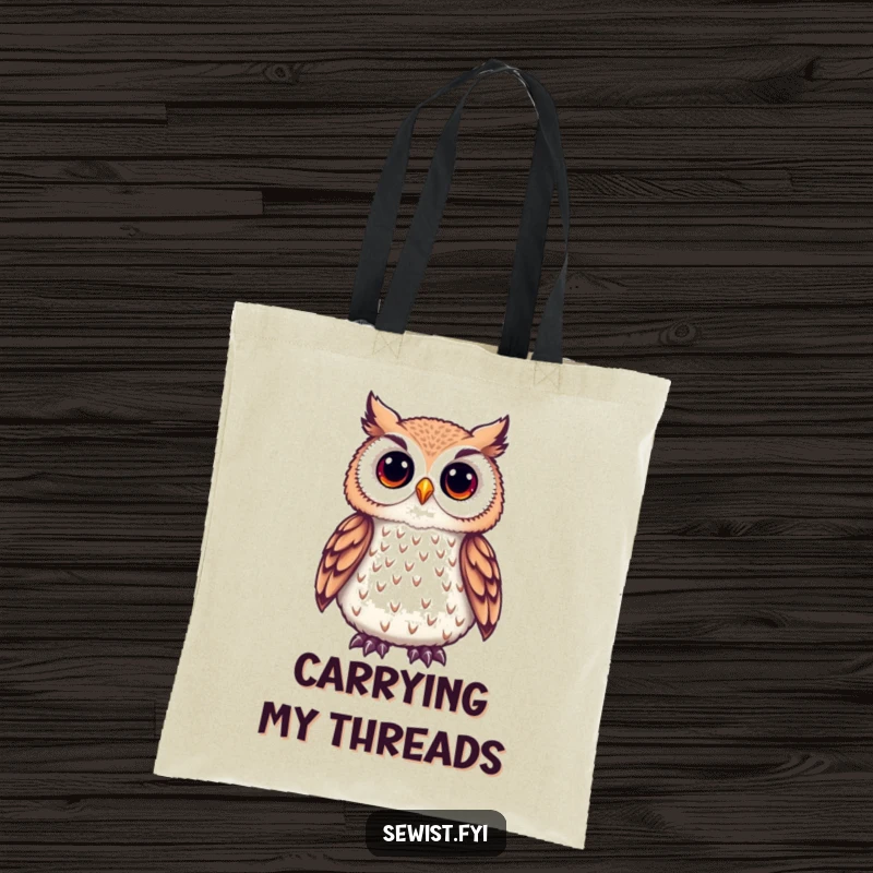 Funny Owl Tote Bag featuring a cute owl admiring a delicate embroidered detail, a stylish and thoughtful accessory for crafters.