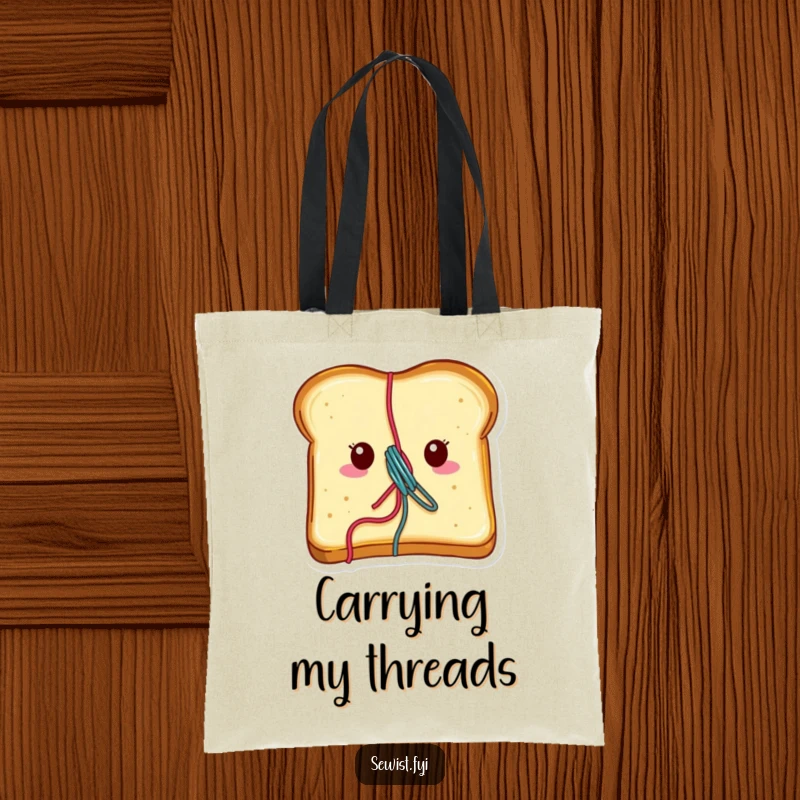 Funny tote bag with a cheerful piece of toast with vibrant thread emerging, perfect for carrying craft supplies.