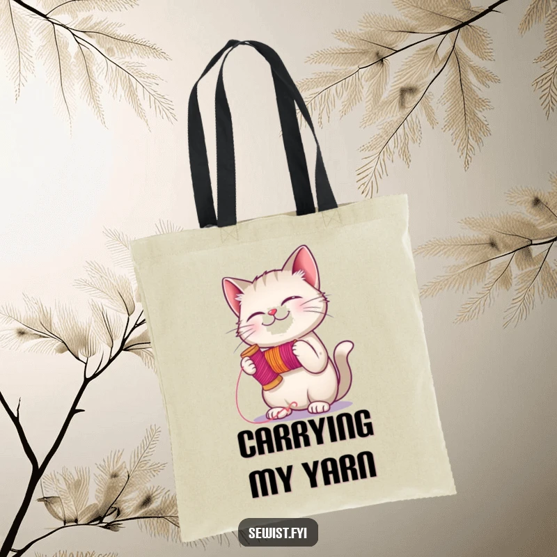 Funny giggling cat holding a spool of thread, ready to stitch, a humorous and practical tote bag for crafters.
