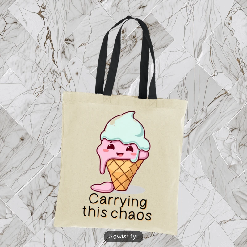 Funny tote bag illustrated with a melting ice cream cone trying to sew, capturing sewing struggles, stylish and humorous crafter accessory.