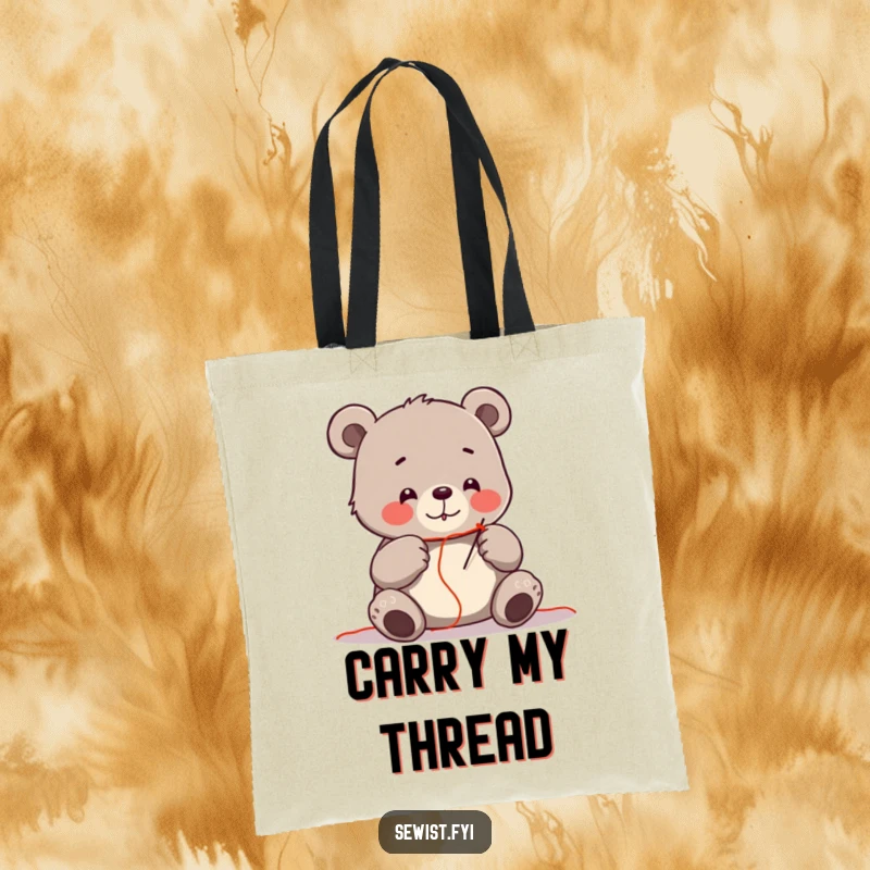 Funny tote bag showing a cheerful bear carefully threading a needle with bright red thread, a sewing accessory.