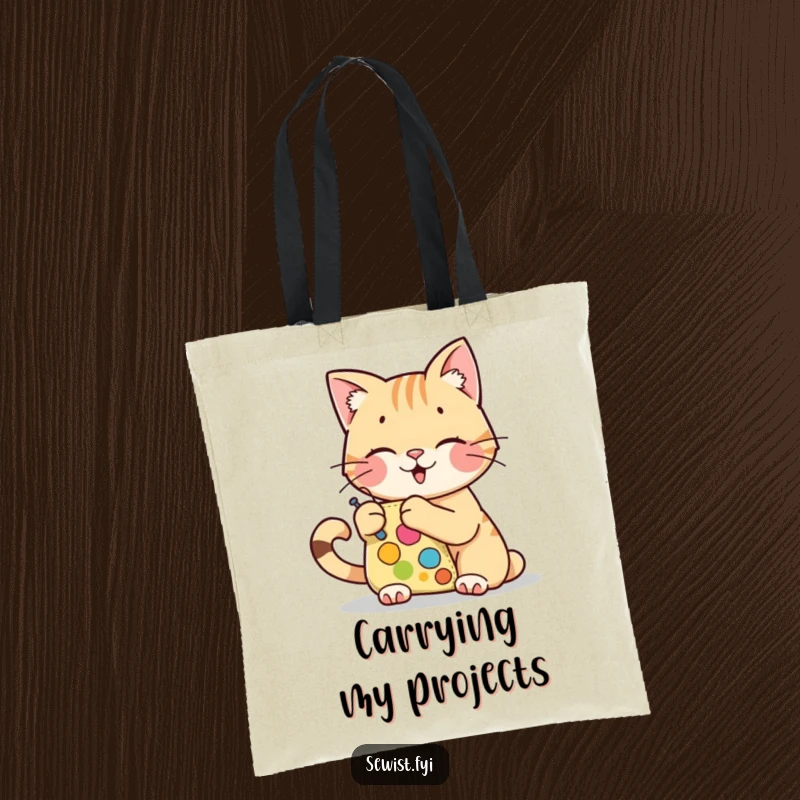Funny tote bag featuring a cheerful cat character stitching a colorful patch, a practical funny gift.