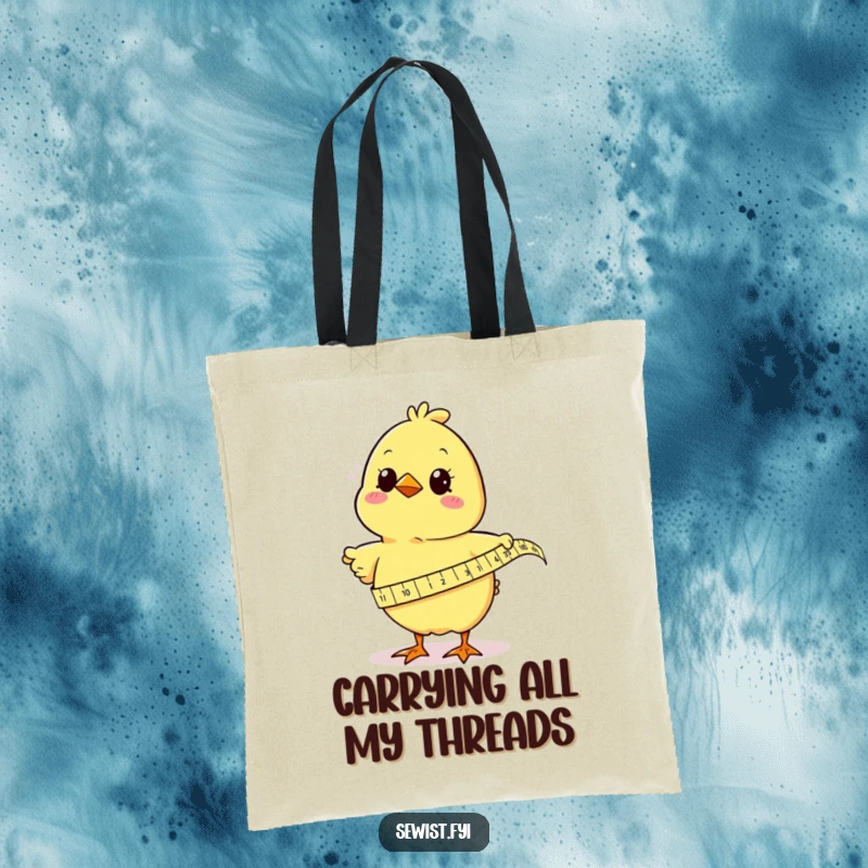 Funny chick with a tape measure, humorously assessing fabric dimensions, a delightful and practical tote bag for sewing enthusiasts.