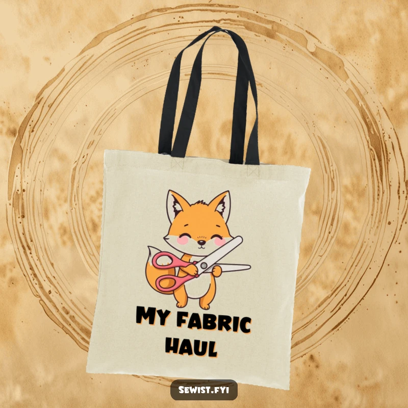 Funny Tote Bag depicting a playful fox character cutting fabric with enormous novelty scissors, great for craft supplies.