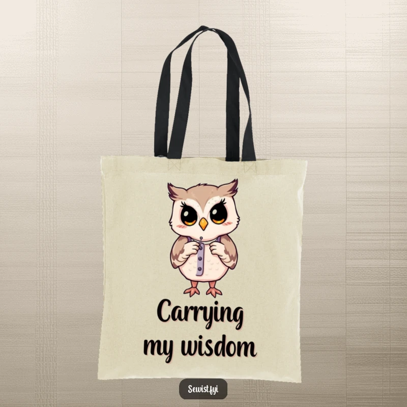 Funny tote bag: A contented owl meticulously adjusts a dress form, carrying sewing tools in a stylish tote.