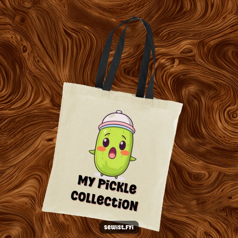 Funny pickle tote bag with a surprised pickle wearing a thimble, perfect for carrying everyday items.