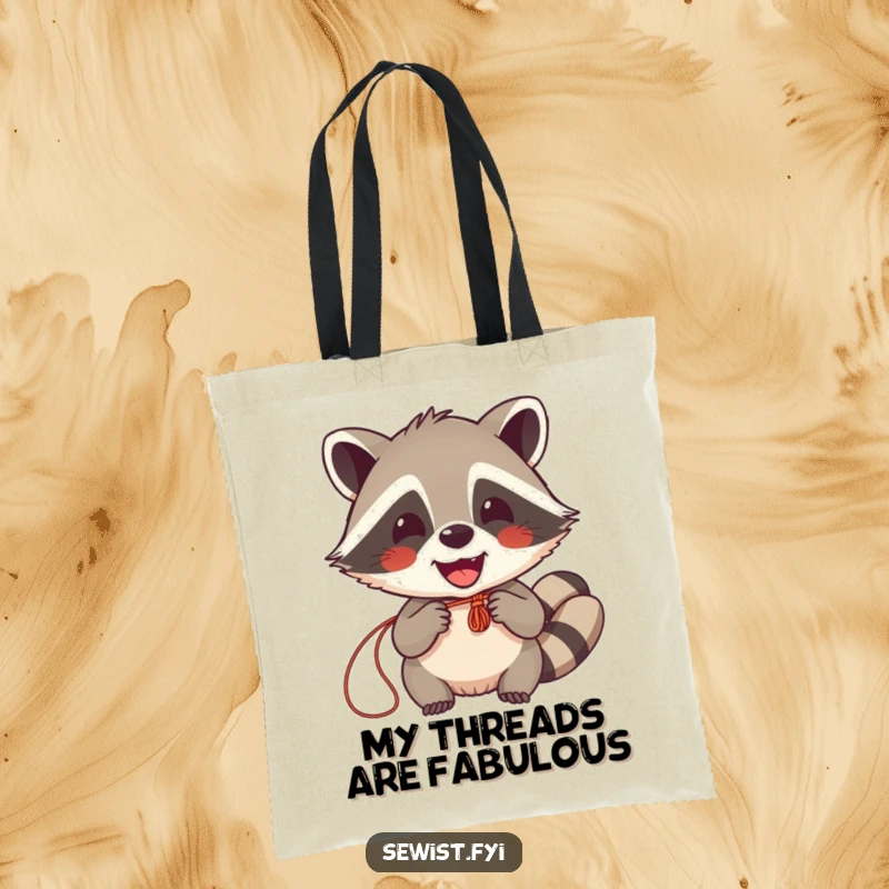 Funny Raccoon Sewing Tote Bag: A happy raccoon sewing with joy, perfect for carrying craft supplies. Sturdy and amusing.