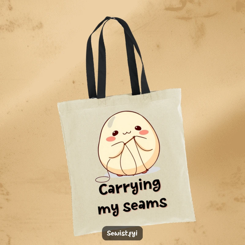 Funny tote bag showing a round dumpling comically trying to sew itself with a needle and thread.