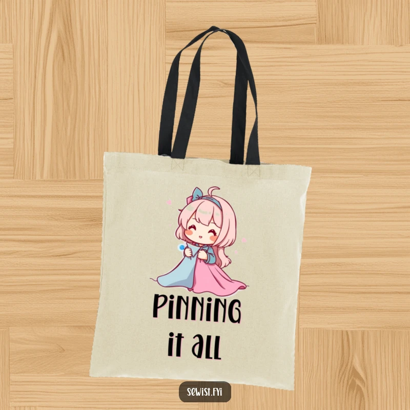 Funny tote bag featuring a happy character pinning fabric pieces together, ideal for carrying sewing supplies and showcasing a love for crafting.