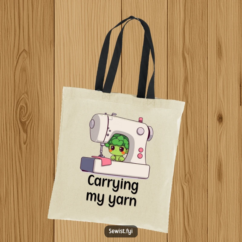 Funny tote bag with a shy broccoli floret hiding behind a giant sewing machine, perfect for carrying sewing essentials.