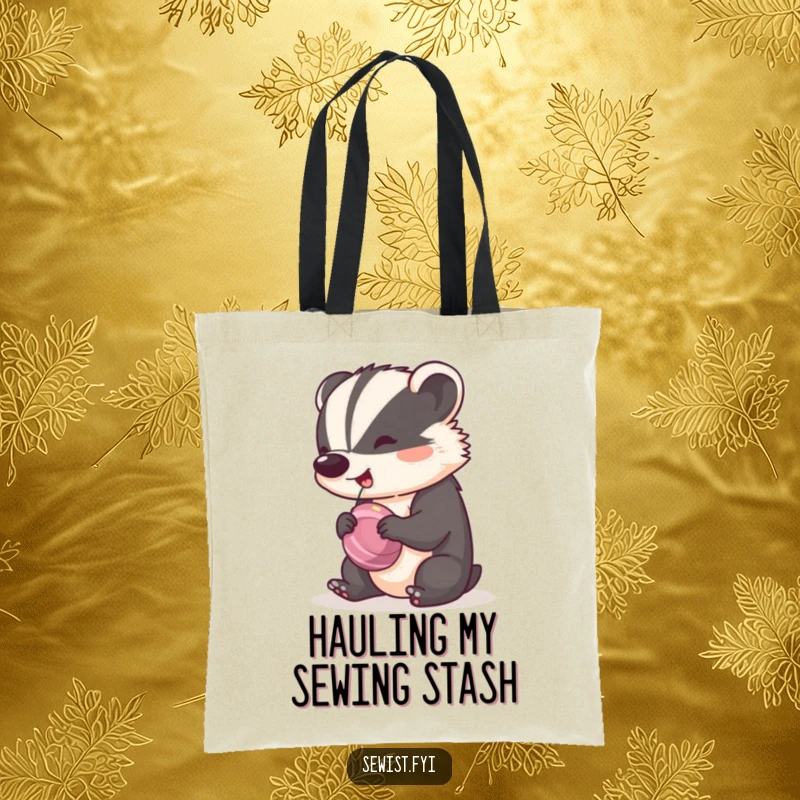 Funny Badger Tote Bag featuring a cheeky badger spinning a bobbin with a happy rhythm, a stylish and functional accessory.